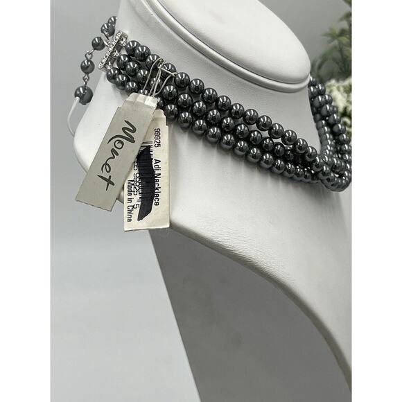 Marvella Monet Gray 3 Strand Faux Pearl Silver Tone Crystal Clasp Necklace New - Picture 7 of 15